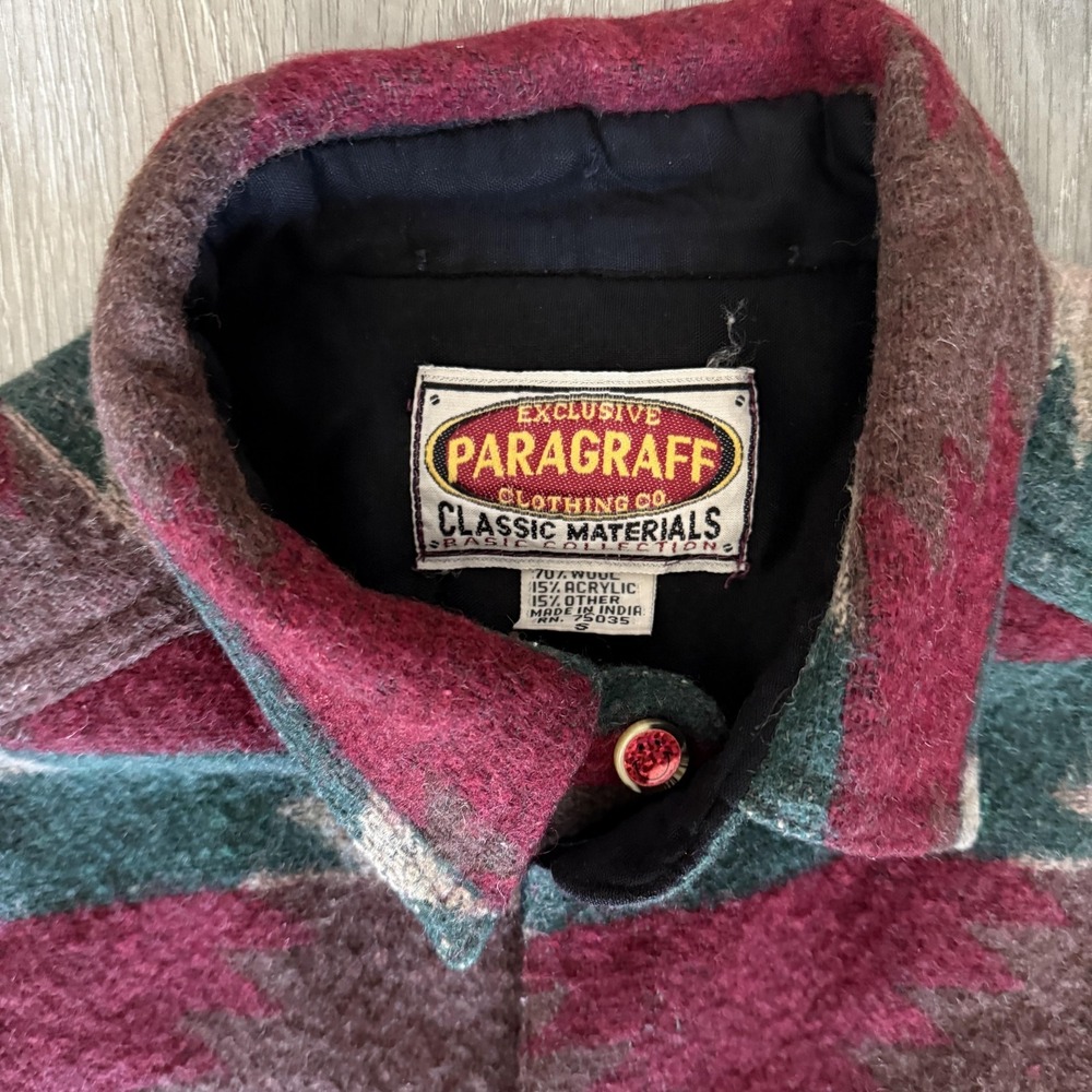 Vintage Paragraff Shirt Mens Small Aztec Southwest Wool Blend Button Up 90s - Picture 2 of 13